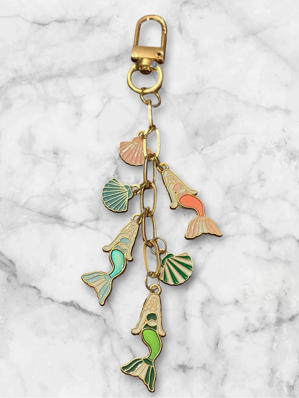 Gold-Tone Mermaid Charm Keychain with Green & Coral Accents